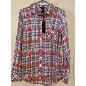 New NWT Max & Mia Blue Red Plaid Button Down Shirt Women's Size Small